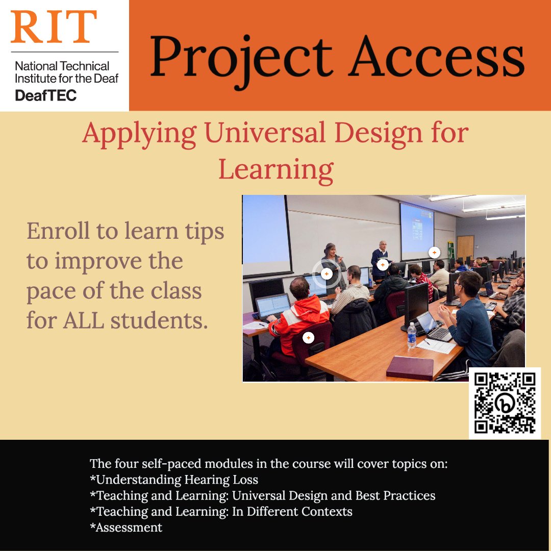 deaf_tec's tweet image. #DeafTecWorkshops Can you name three tips to improve the pace of the class for ALL students? Enroll in #ProjectAccess to find out. @RITNTID  #DeafEd #NSFfunded #AccessATE #DeafSuccess #AccessiblityMatters
Access Project Access:  learn.deaftec.org
