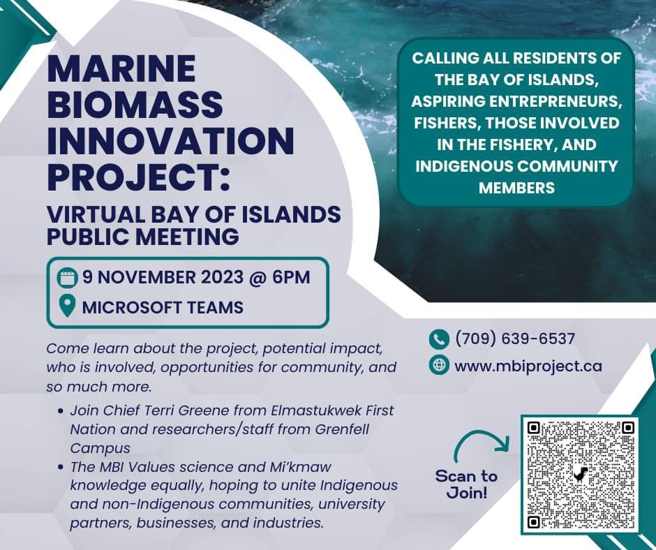 There is a very interesting and innovative initiative taking place, looking at marine biomass in Elmastukwek (Bay of Islands).   A public meeting is being held to share details of this exciting research. 
See attached image for more information