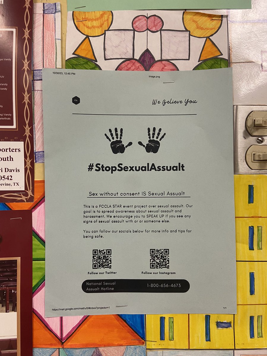 On Friday, we hung up flyers around our school. Some of our teachers even let us hang them up in their classrooms for the students to see! #stopsexualassualt