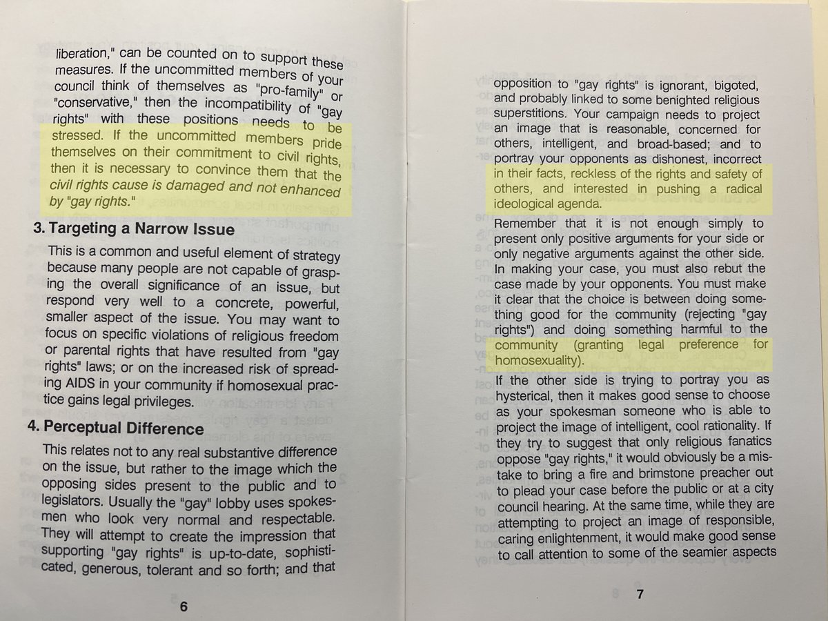 🧵I found a long-lost 1988 anti-gay handbook by Heritage Foundation's founder. It tells readers exactly how to fight gay rights legislation and, as you’ve guessed, it’s the blueprint used against trans people. I digitized it for the first time here: transreads.org/defeatgayright…