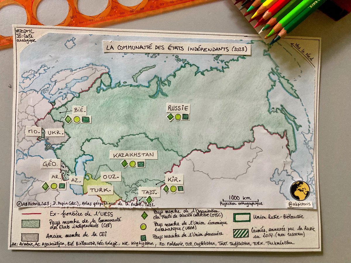 AbPictoris's tweet photo. Jour 5 : Carte analogique
➡️ La Communauté des États indépendants (2023)
100% sans ordinateur
Source : D. Papin (dir.), Atlas géopolitique de la Russie, 2022
#30DayMapChallenge https://t.co/BS5sZFKbww