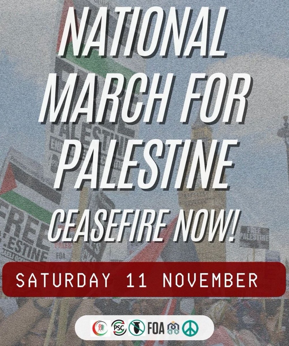 🇵🇸 National March For #Palestine – Ceasefire Now! ☮️ 📆 Sat 11 November 🫂 Assemble: 12pm at Hyde Park – Marching to US Embassy, Nine Elms, London, SW11 #PalestineWillBeFree #GazaGenocide