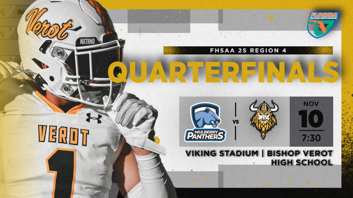 verotathletics's tweet photo. OFFICIAL RELEASE
The #1 Seeded Vikings will host #8 seed, Mulberry in the quarterfinal round of the FHSAA 2S Regional Playoffs.
Game Time 7:30pm, this Friday at Viking Stadium!
Tickets will be available via GoFan.
#ItsJustDifferentHere #SunriseDrive #Rode2States
@BishopVerotFB https://t.co/6m1xBseYmo