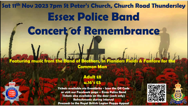 EssexPoliceUK's tweet photo. The Essex Police Band will be holding a Concert of Remembrance on Saturday, 11 November at St Peter's Church in #Thundersley.
Proceeds from the concert will be going to the Royal British Legion Poppy Appeal. https://t.co/c7nNDbFpQw