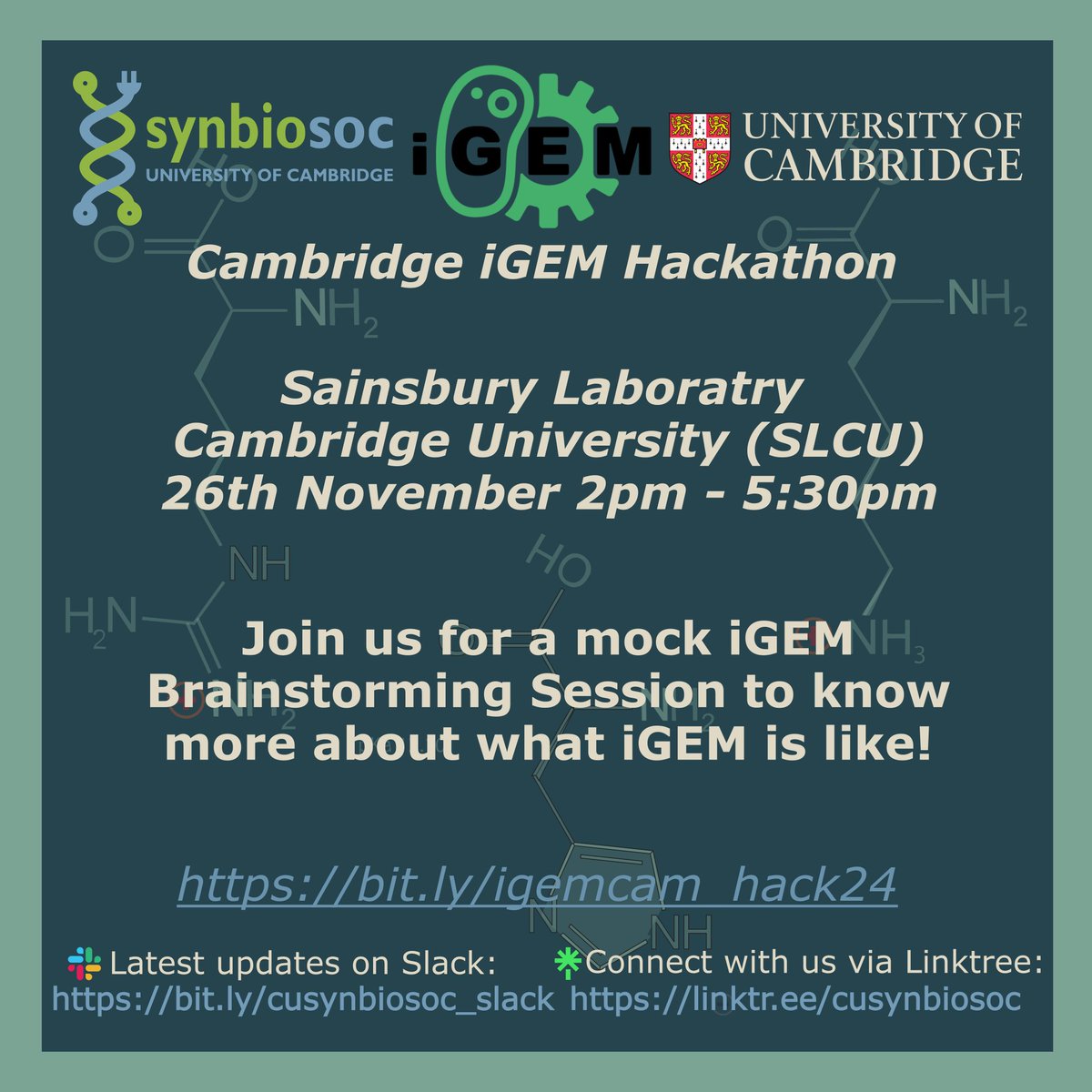 Join us for the Cambridge iGEM Hackathon on 26th November 2pm-5:30pm in Sainsbury Laboratry Cambridge University for a mock brainstorming session to know more about <a href="/iGEM/">iGEM Headquarters</a> projects. Come along if you are interested in being involved with Cambridge iGEM 2024 (<a href="/iGEMcam/">Cambridge iGEM 2023</a>)!