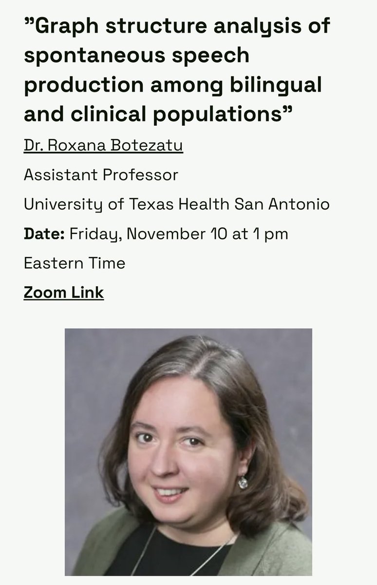 FOQUSAphasia (@foqusaphasia) on Twitter photo Join us for <a href="/FOQUSAphasia/">FOQUSAphasia</a> upcoming talk by Dr. Roxana Botezatu on “Graph structure analysis of spontaneous speech among bilingual and clinical populations” this FRIDAY (November 10) at 1pm Eastern! We hope to see you there! Join us for <a href="/FOQUSAphasia/">FOQUSAphasia</a> upcoming talk by Dr. Roxana Botezatu on “Graph structure analysis of spontaneous speech among bilingual and clinical populations” this FRIDAY (November 10) at 1pm Eastern! We hope to see you there!