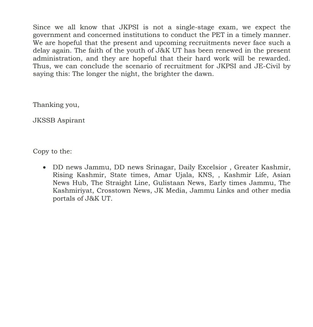 JKPSI BATCH 2024🇮🇳 (@jkpsi2024) on Twitter photo JKPSI, JE-Civil aspirants thanks government for declaring exam results
regarding 𝙥𝙧𝙚𝙨𝙨 𝙧𝙚𝙡𝙚𝙖𝙨𝙚
Copy to: <a href="/ddnewsSrinagar/">DD NEWS SRINAGAR</a> <a href="/ddnews_jammu/">DD NEWS JAMMU | डीडी न्यूज़ जम्मू</a> <a href="/DailyExcelsior1/">Daily Excelsior</a> <a href="/RisingKashmir/">Rising Kashmir</a> <a href="/GreaterKashmir/">Greater Kashmir</a> <a href="/faza_zainab/">Faza Zainab</a> <a href="/asifras362/">Asif Rashid</a> <a href="/SyedJunaidHsmi/">Syed Junaid Hashmi</a> <a href="/earlytimesjk/">Early Times Jammu</a> <a href="/TheKashmiriyat/">The Kashmiriyat</a> <a href="/JAMMULINKS/">JAMMU LINKS NEWS</a> JKPSI, JE-Civil aspirants thanks government for declaring exam results
regarding 𝙥𝙧𝙚𝙨𝙨 𝙧𝙚𝙡𝙚𝙖𝙨𝙚
Copy to: <a href="/ddnewsSrinagar/">DD NEWS SRINAGAR</a> <a href="/ddnews_jammu/">DD NEWS JAMMU | डीडी न्यूज़ जम्मू</a> <a href="/DailyExcelsior1/">Daily Excelsior</a> <a href="/RisingKashmir/">Rising Kashmir</a> <a href="/GreaterKashmir/">Greater Kashmir</a> <a href="/faza_zainab/">Faza Zainab</a> <a href="/asifras362/">Asif Rashid</a> <a href="/SyedJunaidHsmi/">Syed Junaid Hashmi</a> <a href="/earlytimesjk/">Early Times Jammu</a> <a href="/TheKashmiriyat/">The Kashmiriyat</a> <a href="/JAMMULINKS/">JAMMU LINKS NEWS</a>