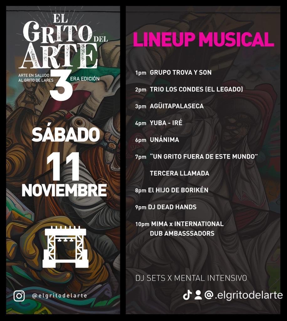 El grito del arte 3 lineup musical del sábado 11 de noviembre de 2023