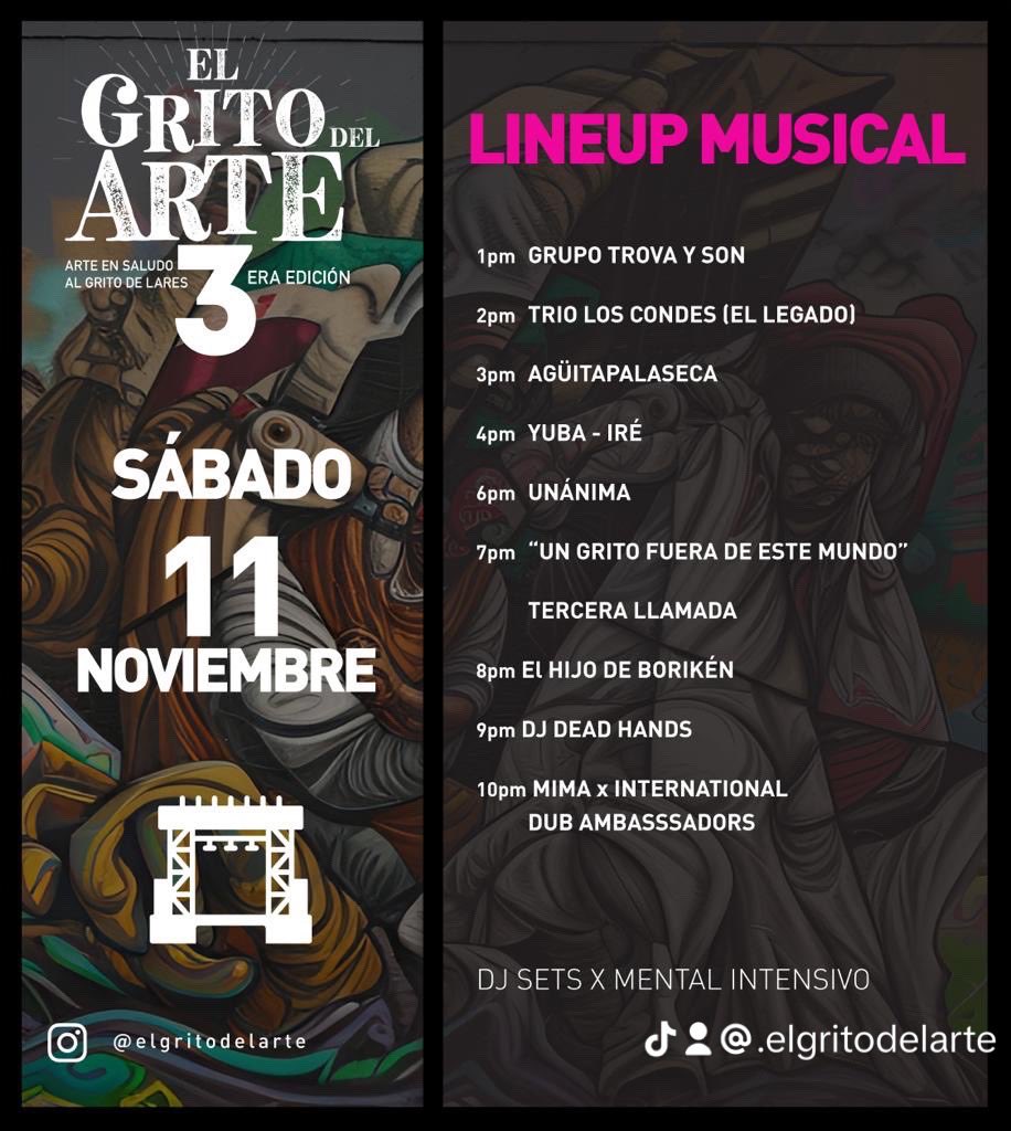 El grito del arte 3 lineup musical del sábado 11 de noviembre de 2023