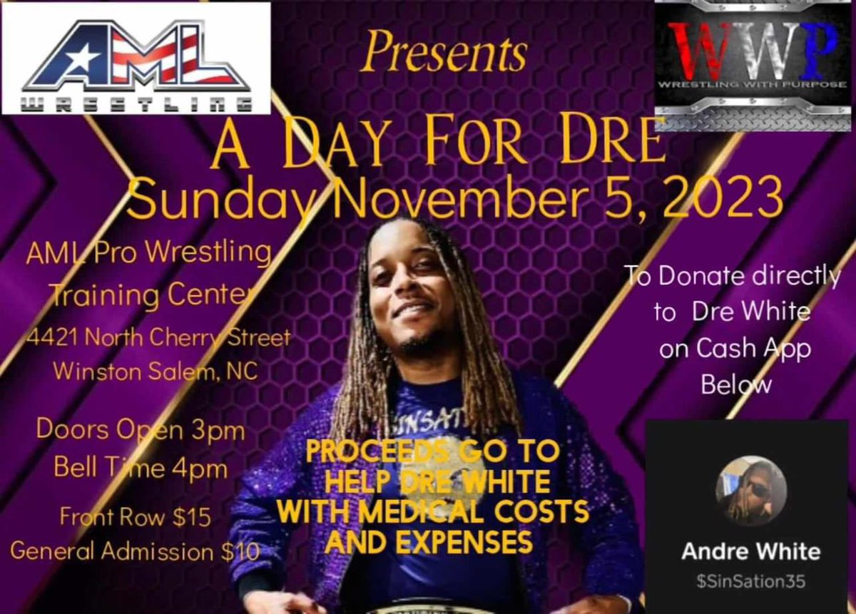 AMLWrestling's tweet photo. Meet Dre. He is a graduate of our training center &amp; has been on our production team since day 1. He recently had open ❤️ surgery &amp; we’re helping out a member of our wrestling family w/ A Day For Dre. 

Today at 4pm in Winston-Salem.  🎟 at https://t.co/AYAJxhsbAT or at the venue. https://t.co/lAotJtS21P