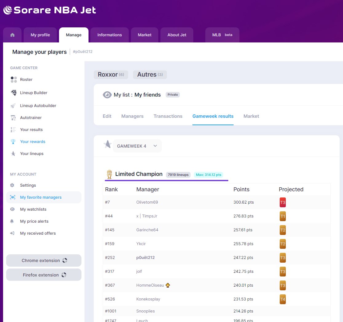 🏀Follow the results of your favorite managers on SorareNbaJet.com 👀

Build for <a href="/SorareNBA/">SorareNBA</a> | #sorare