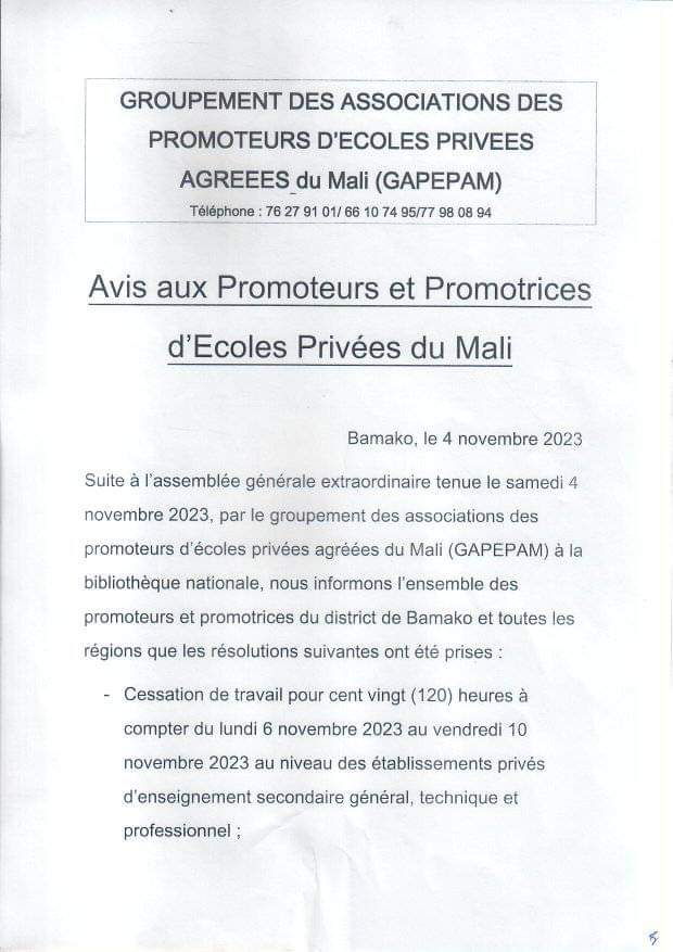 KKunafoni's tweet photo. #Éducation : le Groupement des associations des promoteurs d'écoles privées agrégées, demande à ses membres d'observer un arrêt de travail de 120h à partir de ce lundi 6 novembre 2023. https://t.co/cRAhIXH9dN
