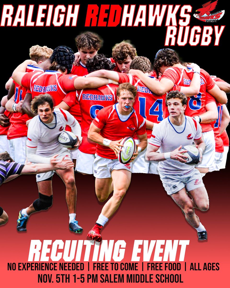 Raleigh Youth Rugby (@redhawkrugby) on Twitter photo 🚨LAST CALL🚨Come try Redhawks Rugby 7’s🏉NO EXPERIENCE NEEDED!!!
🗓️Date: Nov.5th & Nov.12th
⏰Time: 1-5pm
🏟️Where: Salem Middle School, Apex,NC- Soccer Field
<a href="/RaleighComm/">RaleighCommunity</a> <a href="/WRAL/">WRAL NEWS in NC</a> <a href="/USARugby/">USA Rugby</a> <a href="/WCPSS/">Wake County Public School System</a> <a href="/WCPSS_Athletics/">Wake County Athletics</a> <a href="/newsobserver/">The News & Observer</a> 🚨LAST CALL🚨Come try Redhawks Rugby 7’s🏉NO EXPERIENCE NEEDED!!!
🗓️Date: Nov.5th & Nov.12th
⏰Time: 1-5pm
🏟️Where: Salem Middle School, Apex,NC- Soccer Field
<a href="/RaleighComm/">RaleighCommunity</a> <a href="/WRAL/">WRAL NEWS in NC</a> <a href="/USARugby/">USA Rugby</a> <a href="/WCPSS/">Wake County Public School System</a> <a href="/WCPSS_Athletics/">Wake County Athletics</a> <a href="/newsobserver/">The News & Observer</a>