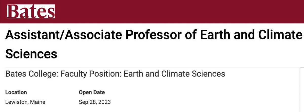 Department of Earth and Climate Sciences, Bates College advertises Assistant/Associate Professor in Earth Surface Processes. 
For details and the possibility to apply be found on the link here: apply.interfolio.com/133293

The review process will start on Nov 7th.