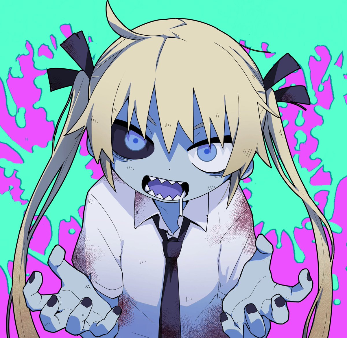sonya (kill me baby) 1girl blonde hair necktie twintails solo teeth blue eyes  illustration images