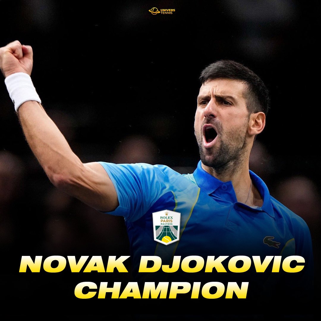UniversTennis's tweet photo. 👑 DJOKOVIC ROI À BERCY 👑

Novak Djokovic domine Grigor Dimitrov (6-4, 6-3) en finale du #RolexParisMasters et remporte son 97e titre en carrière, le 40e en Masters 1000. 🏆🇷🇸

À 36 ans, il est le joueur le plus âgé de l’histoire à remporter ce tournoi. ⭐️ https://t.co/DisZ251Gs4
