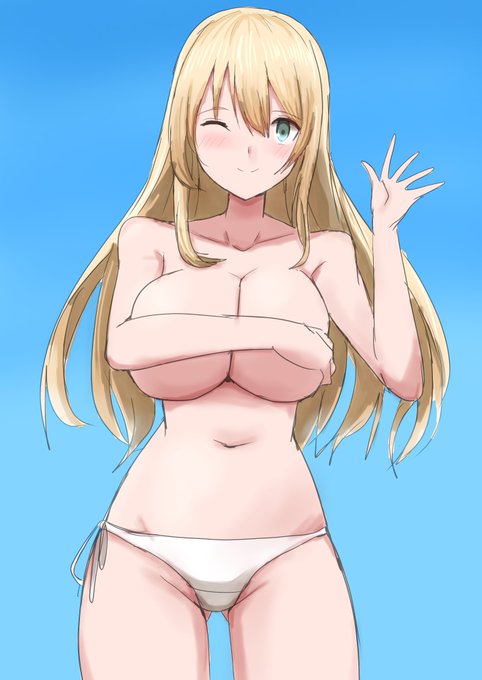 お題のビキニ姿の愛宕さん
下のビキニだけ着て上は手ブラで誘惑するような感じ…胸が大きすぎるのと隠す気が無いので最低限だけ隠して殆ど丸見えだが気にしていないという感じです 