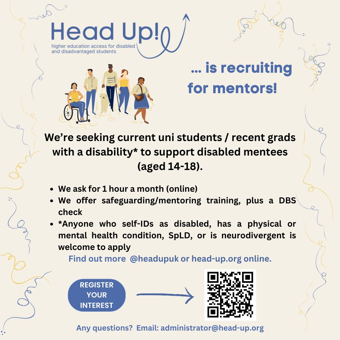 Want to support and encourage younger disabled students? We're looking for mentors to get involved in our latest mentoring cycle!

This involves 1 hour a month, no experienced required and training provided. Register here: forms.gle/CwFekQTEUQ5uRb…