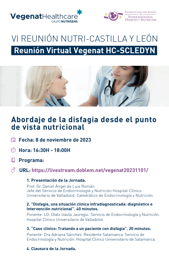 El próximo 8 de noviembre será la VI Reunión Nutri - Castilla y León de <a href="/SCLEDyN/">SCLEDyN</a> . Este año trataremos el "Abordaje de la disfagia desde el punto de vista nutricional"
<a href="/danielendo/">Daniel Mojica</a> <a href="/OlatzIJ/">OlatzIJ</a> y Adriana Sánchez
¿No os habéis apuntado todavía?
livestream.doblem.net/login/vegenat2…