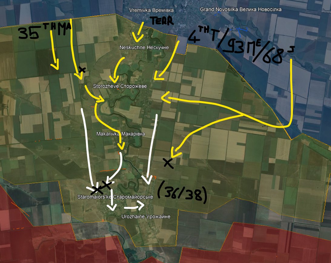 Au centre:

*35ème de Marine: attaque Storozheve et Makarivka: réussite, échoue à Staromaiorske (lourdes pertes)
*Territoriaux: prennent Neskuchne, soutiennent les autres assauts.
*68ème Jager, 4ème Tank, Bat 93 Mec: prennent Blahodatne, échouent à Urozhaine