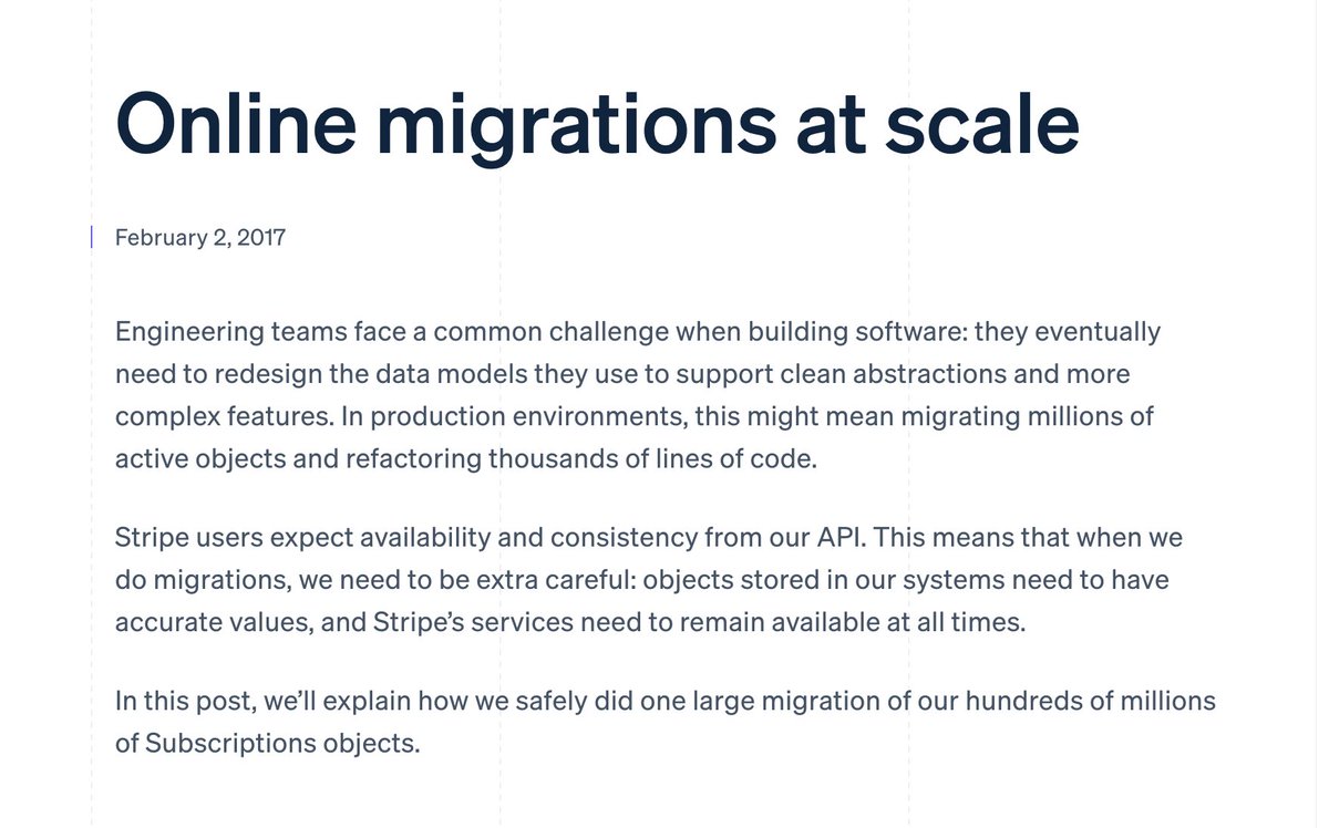 eatonphil's tweet image. Two interesting posts shared in this week's discussion of Database Internals, on database migrations:
1. Online migrations at scale by Stripe: stripe.com/blog/online-mi…
2. Large Scale NoSQL Database Migration Under Fire by AppsFlyer:
 medium.com/appsflyerengin…