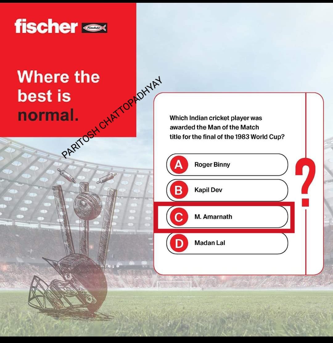 i_paritosh's tweet photo. @Fischer_India_ A1. (C) M. Amarnath

#fischergroup
#CricketWorldCupTrivia
#Contest 
@Fischer_India_

@blessedkamal @SheetalKapur2 @mysterioussu @bliss_berri @VHetal https://t.co/9MzX3KEico