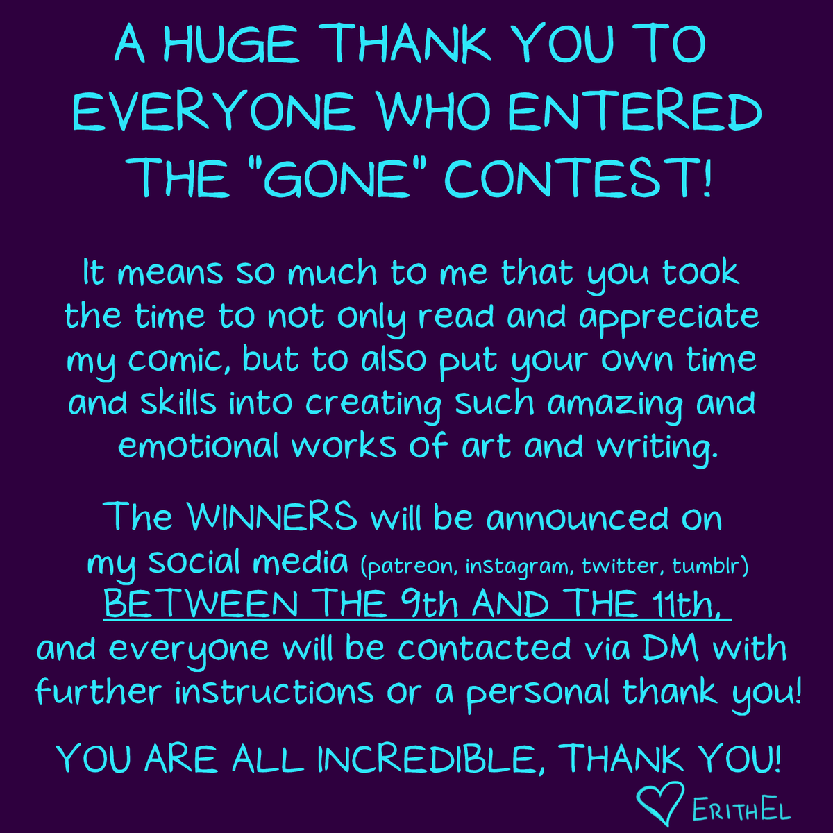 ErithEl's tweet photo. To everyone who entered, you are amazing, and I appreciate all the time and work you put in. Thank you all! ❤️
#gonecontest #gonecomic https://t.co/GDjZ8V8xh3