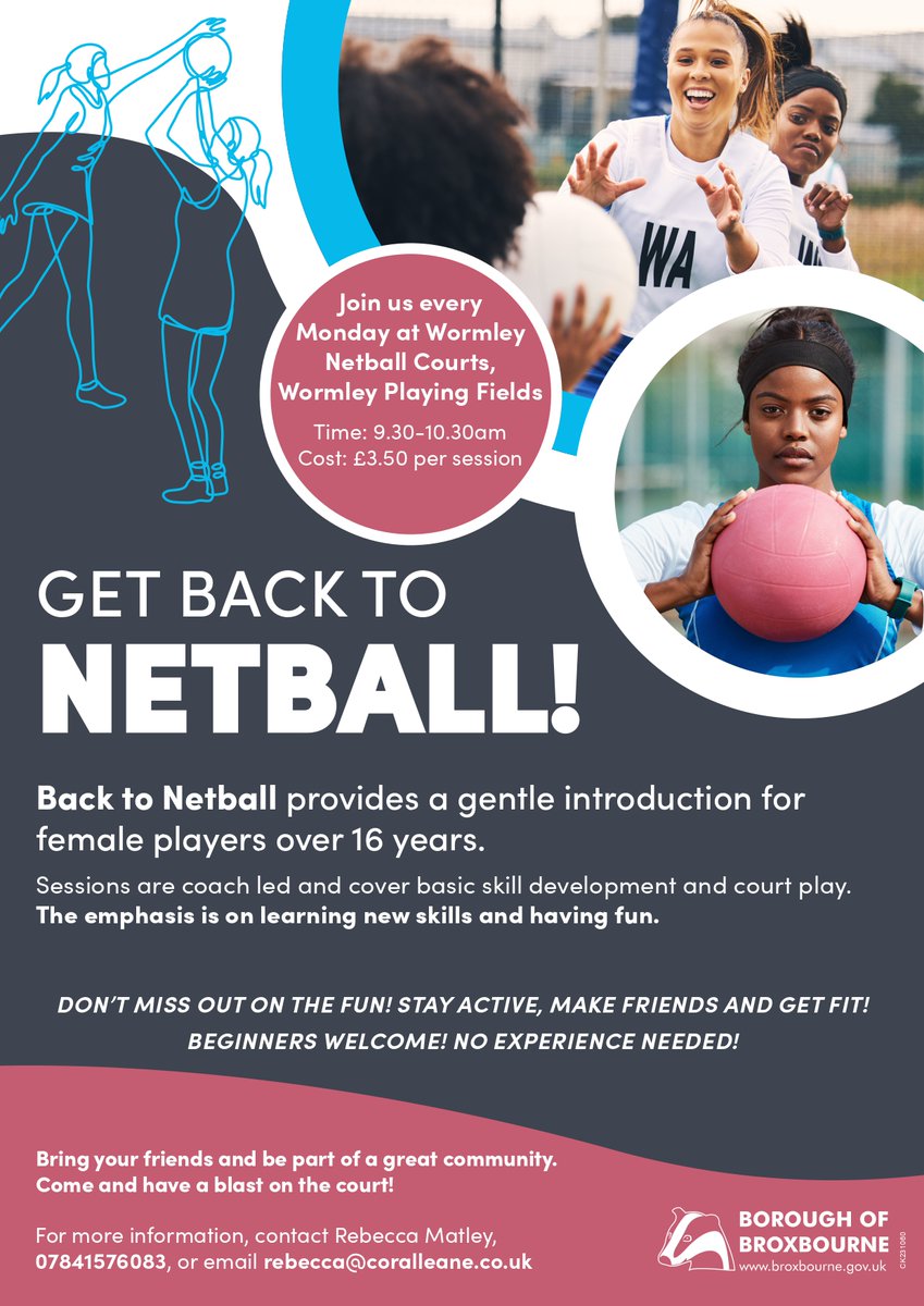 BroxbourneBC's tweet image. Come along to &quot;Get back to netball!&quot;

Sessions are for female players over 16 years and coach led, covering basic skill development and court play 🏀

🗓️ Every Monday from 9.30am to 10.30am
📍 Wormley Netball Courts, Wormley Playing Fields
💷 £3.50 per session