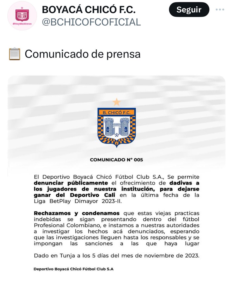 Felicito a la familia Pimentel y al Boyacá Chicó por el gesto de transparencia,honestidad y juego limpio. Ojalá que esas dádivas no vengan del Deportivo Cali. Exhorto a las autoridades,Dimayor y a FCF a realizar una investigación y determinar de dónde proceden. Rechazo total !!!