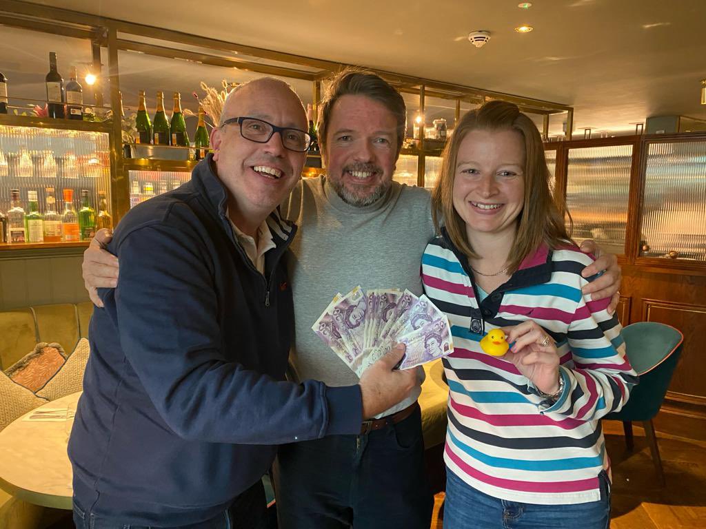 Lee and Rachel receiving their £200 first prize for winning the first duck race with a twist - they are donating £100 to <a href="/TheBHF/">British Heart Foundation</a> and Multiple Sclerosis <a href="/StevenBartlett/">Steven Bartlett</a> <a href="/FishwickDavid/">Bank on Dave</a> <a href="/rustyrockets/">Russell Brand</a> <a href="/ILoveMCR/">I Love Manchester</a> <a href="/LpoolCityRegion/">Liverpool City Region</a> #duckrace #charity