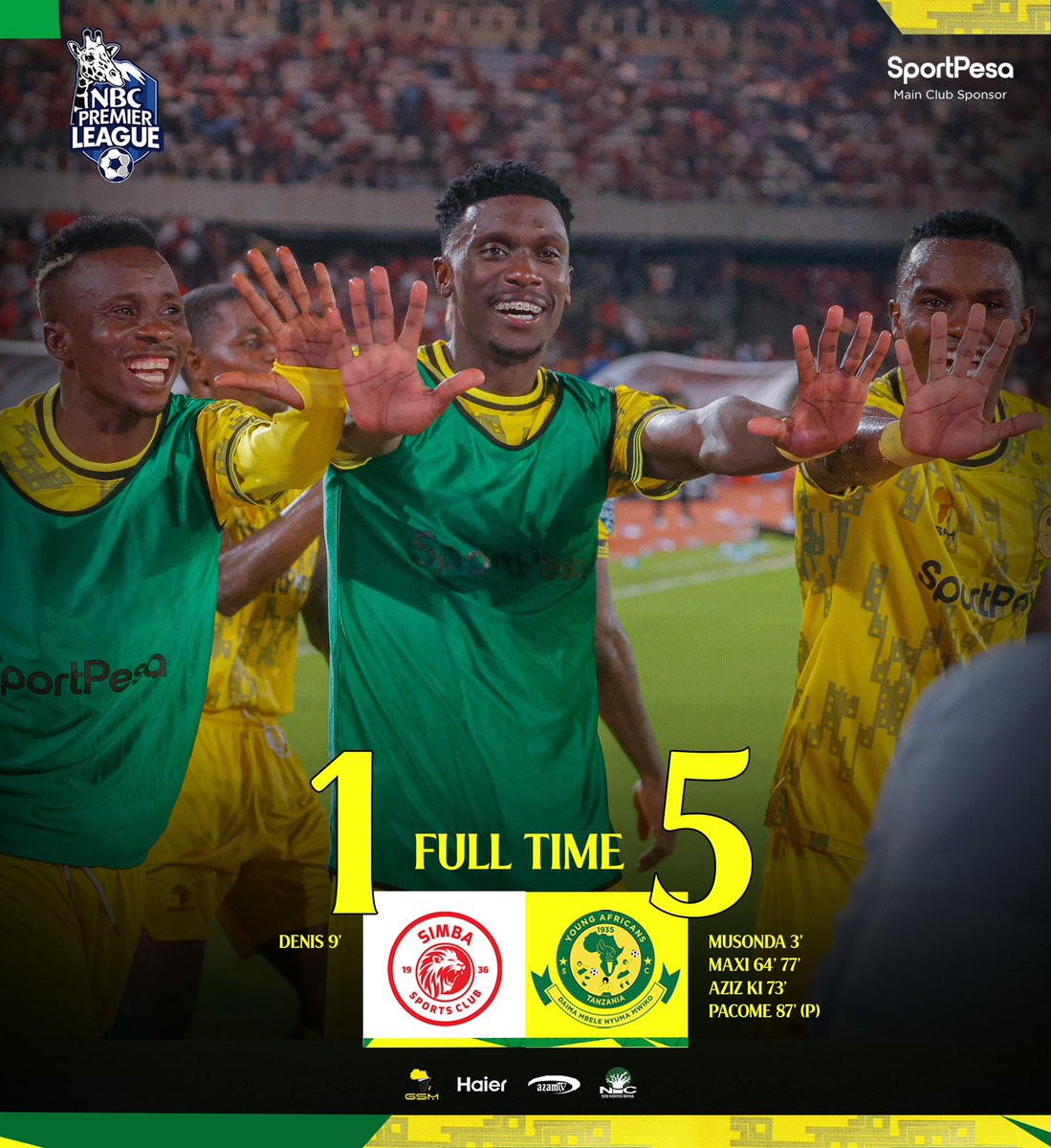 YoungAfricansSC's tweet photo. 𝐅𝐔𝐋𝐋 𝐓𝐈𝐌𝐄⏱️| #NBCPremierLeague 

Simba SC 1-5 Young Africans SC

𝐓𝐀𝐁𝐔𝐋𝐄𝐋𝐄𝐄𝐄𝐄𝐄 𝐘𝐀𝐀𝐀𝐀𝐀𝐀🔰🖐🏼

#TimuYaWananchi 
#DaimaMbeleNyumaMwiko https://t.co/FHJJcngAiC