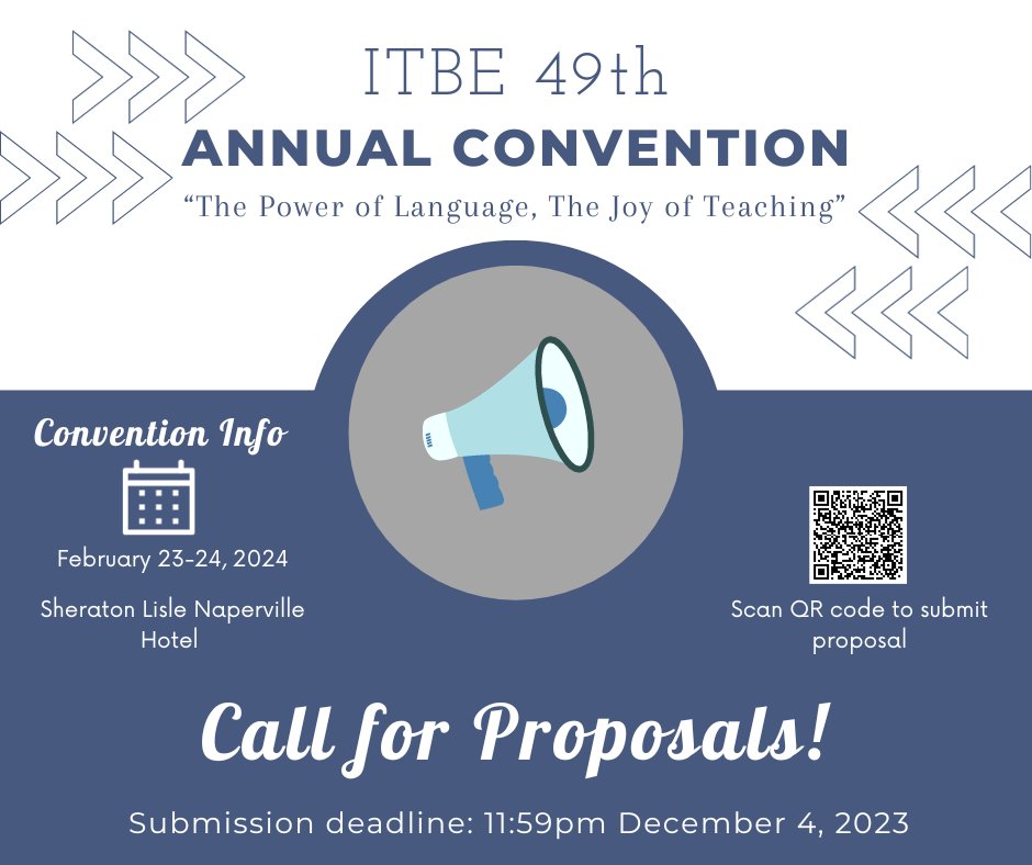 We are currently accepting proposals for presentations at the ITBE 49th Annual Convention, which will be held on February 23-24, 2024.

Proposal submissions are due by December 4,2023. Please submit your proposals through our online system linked here: itbe.org/2024_annual_co….