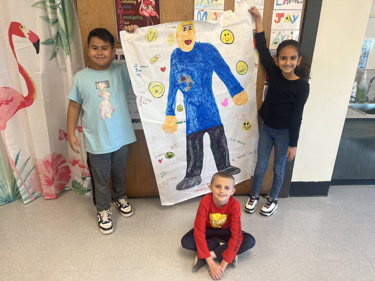 Students learned about how self-confident people act and what they say. With their group, students traced a classmate and wrote phrases and actions to represent self-confidence.