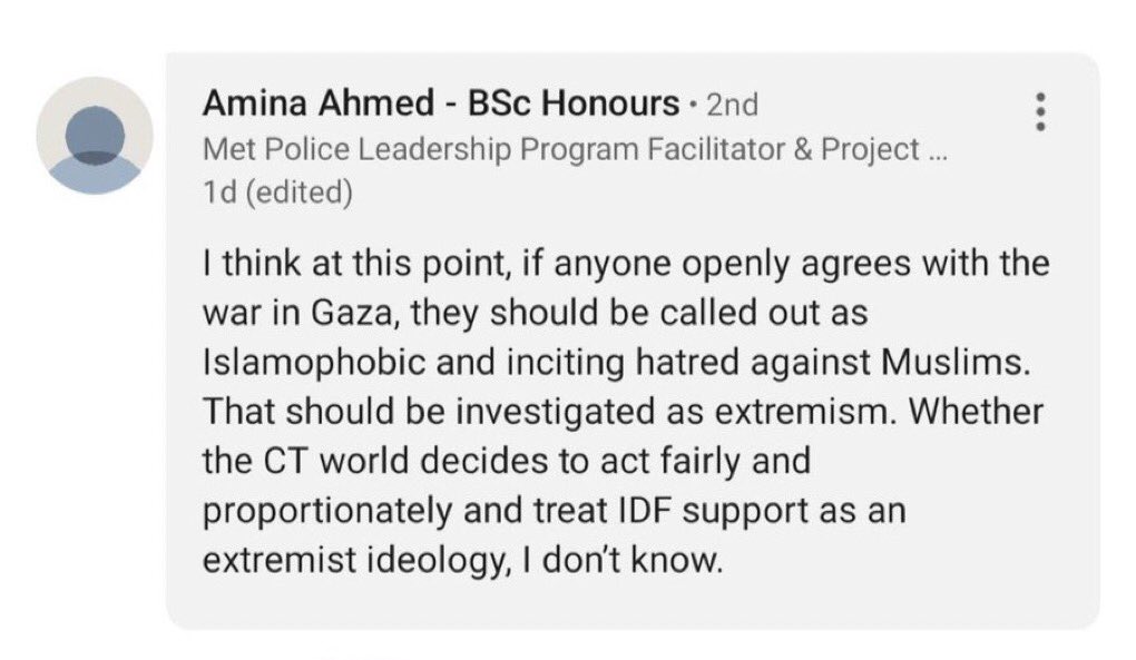 Amina Ahmed works as a leadership coordinator at the British police. She wants people who support Israel to be investigated for hate crimes. 🇬🇧🇮🇱