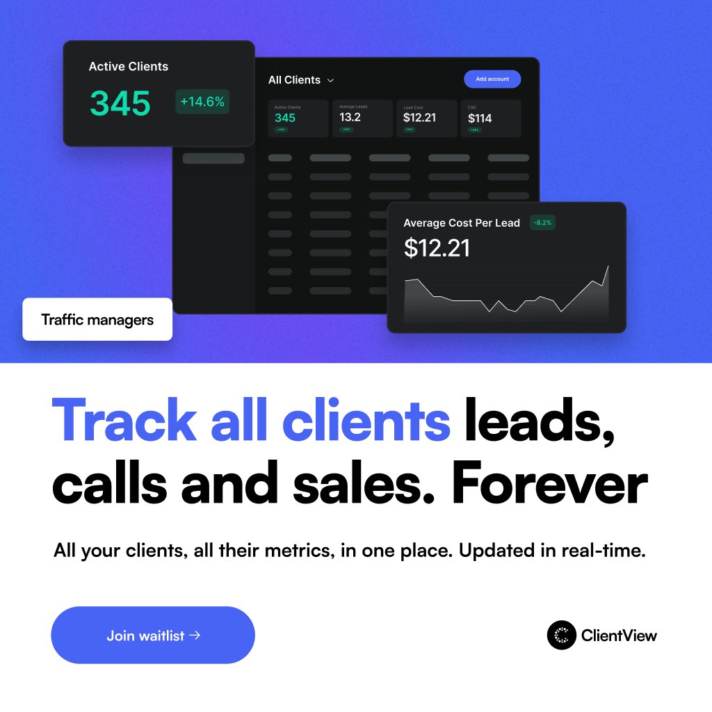 tryclientview's tweet photo. ✨ Introducing ClientView ✨

Helping marketing teams see all their clients, all their metrics, in one place. Updated automatically.

🔮 Coming 01/08/2024.

#Marketing #technology #Advertising https://t.co/0EG531Noqz