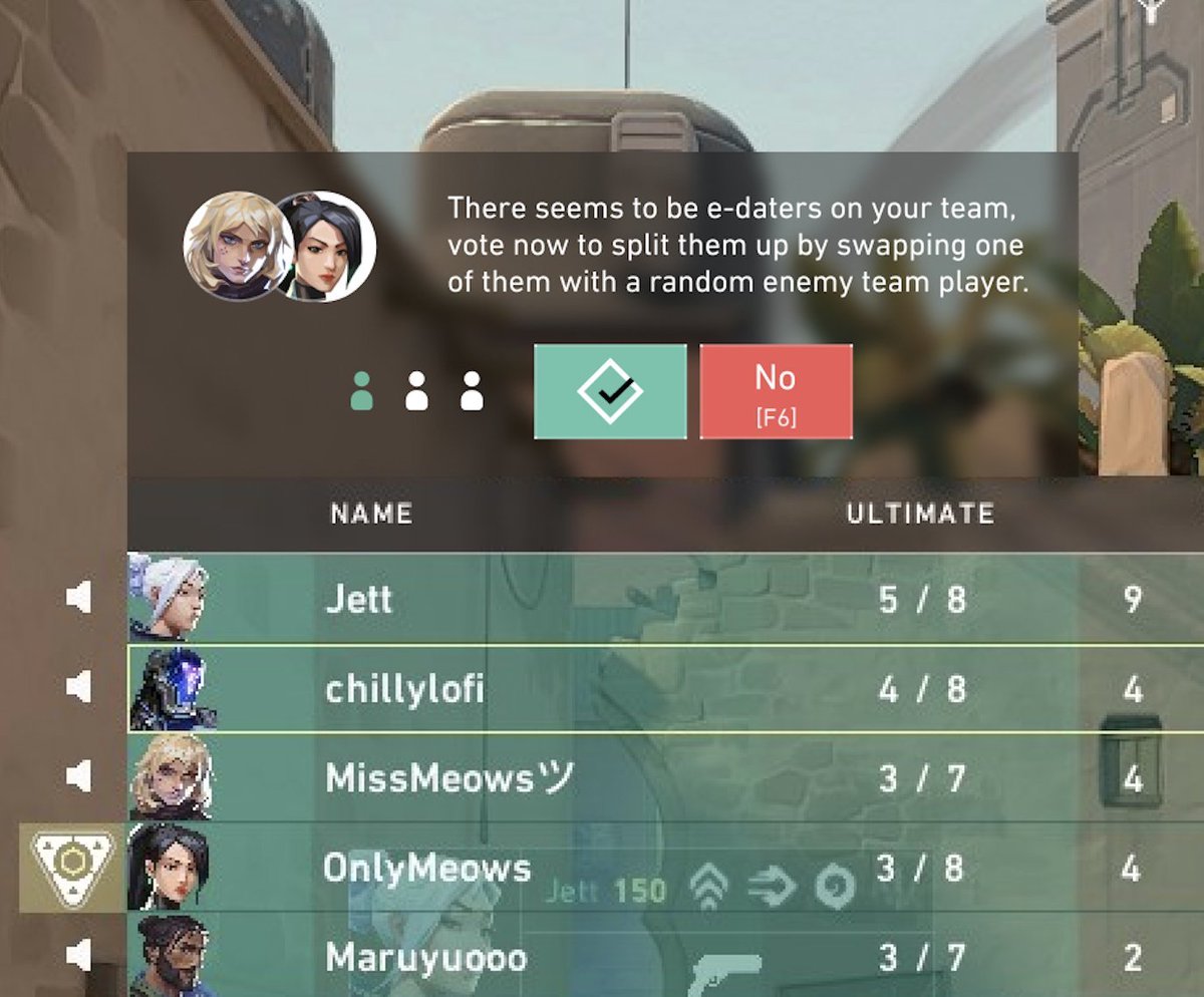 ValorantUpdated's tweet photo. Vote to split up e-daters on your team by trading with one from the enemy team

Concept by @chillylofi | #VALORANT https://t.co/KlASZ9je5A