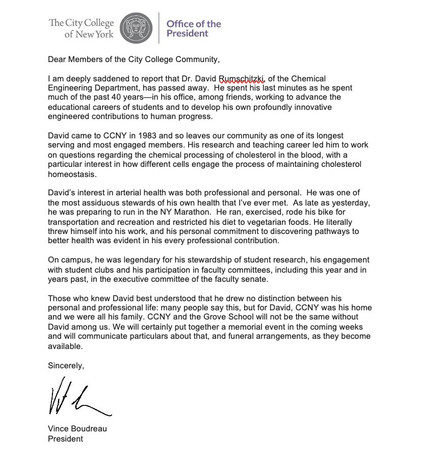 The CCNY community and ChE Department mourns the passing of Professor David Rumschitzki, a beloved colleague, friend, and mentor.
