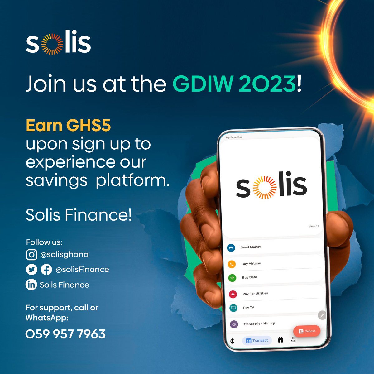 Join us from 6-8 November at the Accra International Conference Center to experience a celebration of innovation at the GDIW 2023
#GDIW2023 # GDIW #SolisFinance #DigitalConference #bank