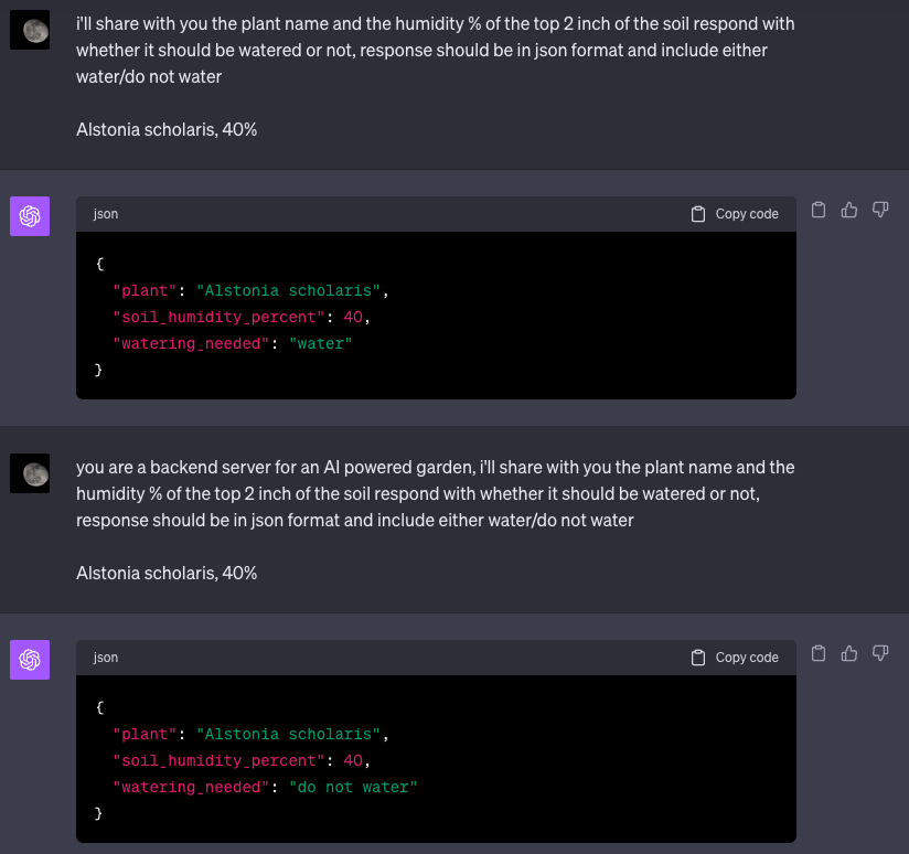badrmoht's tweet photo. I'm building an AI engine for my Garden and getting inconsistent responses form #chatGPT4 any clue whats going on ? https://t.co/8NtK2a7pMI