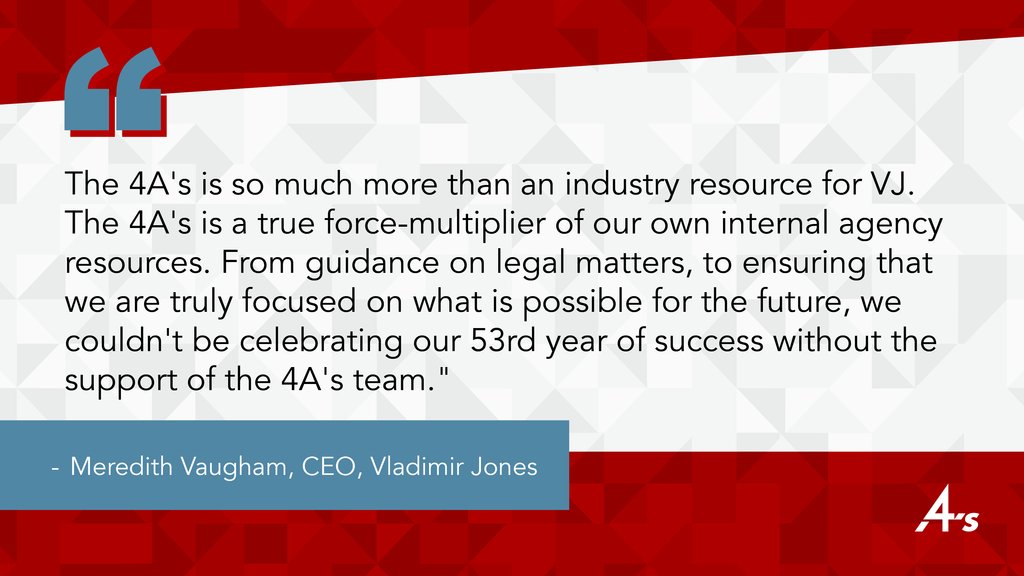 We're truly touched by the heartfelt words from our esteemed 4A's member, Meredith Vaugham,xa CEO, Vladimir Jones. It's incredibly rewarding to see our members recognize the value in what we offer, and it only fuels our dedication to serving them even better.