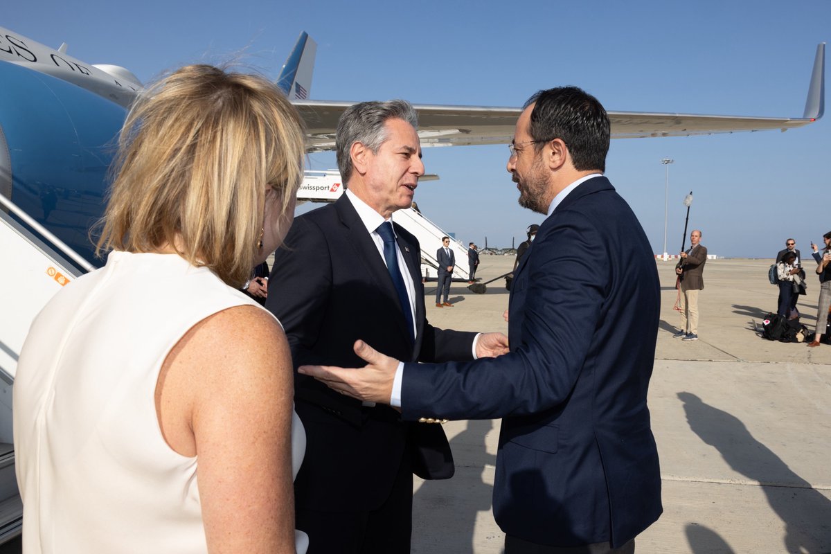 SecBlinken's tweet photo. Welcomed the opportunity to meet with Republic of Cyprus President @Christodulides to discuss our shared efforts across a broad range of issues, including Cyprus’ leadership on humanitarian operations in support of civilians in Gaza. https://t.co/2DttbVqDPT