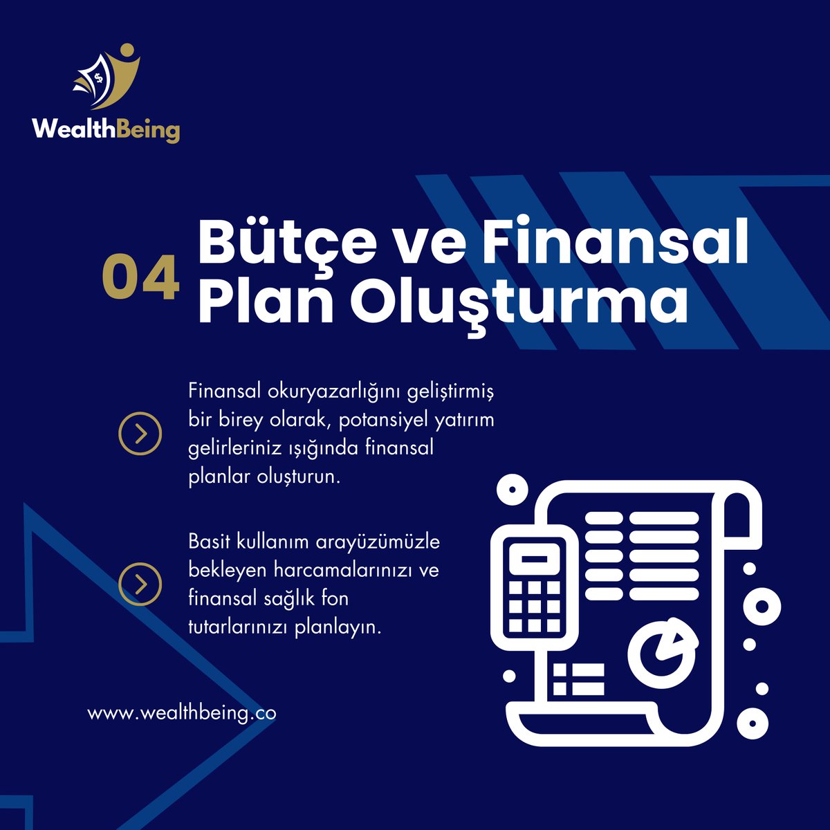 Başarılı ve kapsamlı planlamalarla geleceğinize ışık tutun. Kolay kullanılabilir raporlama ve planlama araçlarımızla daha iyi finansal planlamalar yapın, finansal sağlığınızı yükseltin.

wealthbeing.co

#finansalsağlık