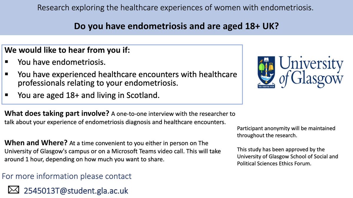 HTDissertation's tweet photo. I am still looking to recruit Scottish women with endometriosis to take part in my undergraduate dissertation. Please share this or get in touch if you or anyone you know would be interested in taking part. #endometriosis #endometriosisscotland @EndometriosisUK https://t.co/fQOAQzFSrd