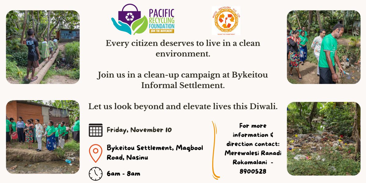 Ready to make a positive impact?

The Pacific Recycling Foundation is calling on recycling advocates and volunteers to join hands and elevate lives this Diwali through a clean-up campaign at Bykeitou Informal Settlement, Maqbool Road, Nadera.
#sharethecommitment 
#jointhemovement
