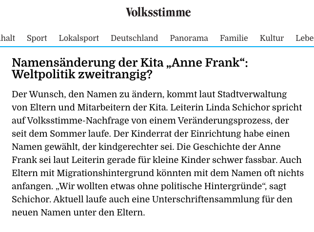 Thomas Vorreyer (@tvorreyer) on Twitter photo In einer Stadt in #SachsenAnhalt soll die Anne-Frank-Kita umbenannt werden. Das sorgt für viele Reaktionen von außerhalb. Doch bislang hat nur ein Medium Quellen aus erster Hand: die <a href="/Volksstimme/">Volksstimme</a> (volksstimme.de/lokal/tangerhu…). Und beim Reichelt-Nachwuchsportal AN verdreht man das so: In einer Stadt in #SachsenAnhalt soll die Anne-Frank-Kita umbenannt werden. Das sorgt für viele Reaktionen von außerhalb. Doch bislang hat nur ein Medium Quellen aus erster Hand: die <a href="/Volksstimme/">Volksstimme</a> (volksstimme.de/lokal/tangerhu…). Und beim Reichelt-Nachwuchsportal AN verdreht man das so: