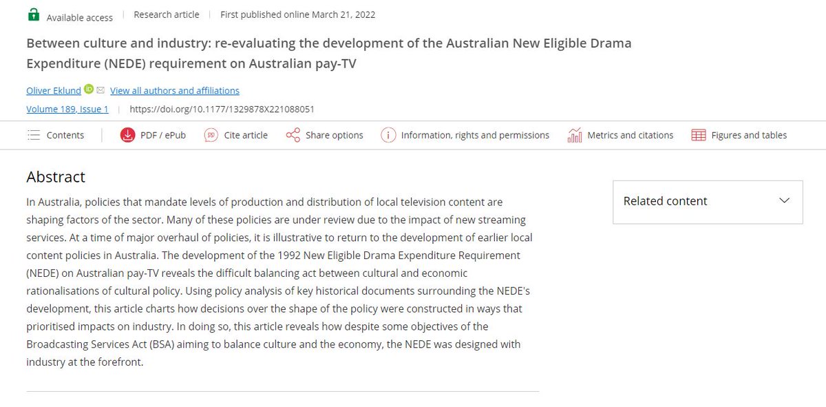 In this MIA Feature article from the @ANZCA2022 special issue 189, @Ollie_Eklund employed policy analysis to reveal how a key piece of Australian media policy was disproportionately shaped by economic industry interests, rather than cultural values. bit.ly/46UWlKh