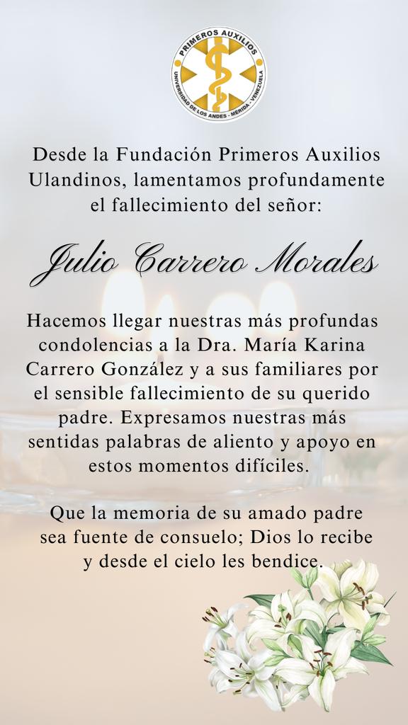 Desde la Fundación PAULA, hacemos llegar nuestro más sentido pésame a la Dra. María Karina Carrero por el fallecimiento de su señor padre: Julio Carrero Morales.
Qué la memoria de su padre les de alivio y consuelo. Qué en Paz Descanse