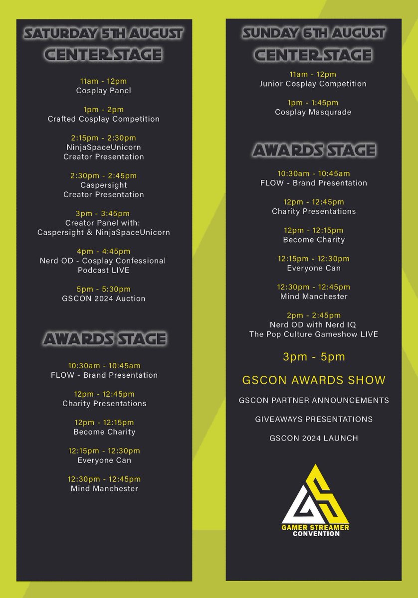 Evening everyone- The schedule for GSCON23 is here! 
Find it on the website too- buff.ly/43Jx4jD 
We can't wait to meet you all!
#gscon #gscon23 #schedule #plan #manchester #convention

Powered by <a href="/360xperiences/">ImmersiveExperiences</a>
Sponsored by <a href="/streamlabs/">Streamlabs</a>