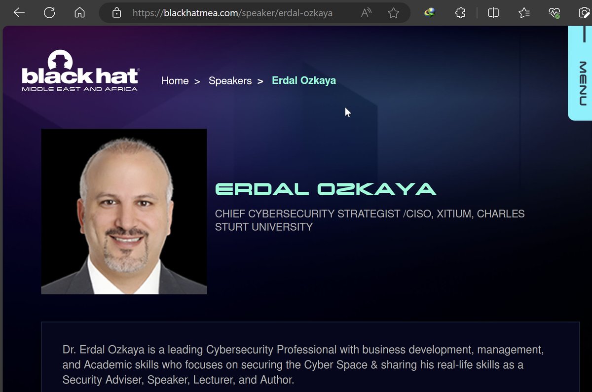 Dr. Erdal OZKAYA (@drerdalozkaya) on Twitter photo I am excited to announce that I’ll be speaking at <a href="/BlackHatEvents/">Black Hat</a> MEA this year!
I’m honored to be sharing the stage with some of the brightest minds in the cybersecurity industry. My talk will focus on Cyber‍s‍‍‍ec‍‍ur‍ity‍ Fundamentals. Can’t wait to see you all there! I am excited to announce that I’ll be speaking at <a href="/BlackHatEvents/">Black Hat</a> MEA this year!
I’m honored to be sharing the stage with some of the brightest minds in the cybersecurity industry. My talk will focus on Cyber‍s‍‍‍ec‍‍ur‍ity‍ Fundamentals. Can’t wait to see you all there!