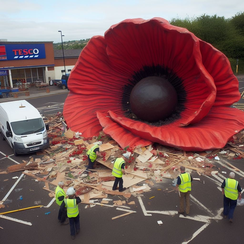 🚨🚨🚨
BREAKING: Workers clear up damage after a giant poppy affixed to Tesco roof falls off due to Storm Ciaran #StormCiaran